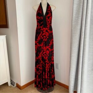 Black and Red Floral Halter Gown Beaded Neckline Size 6